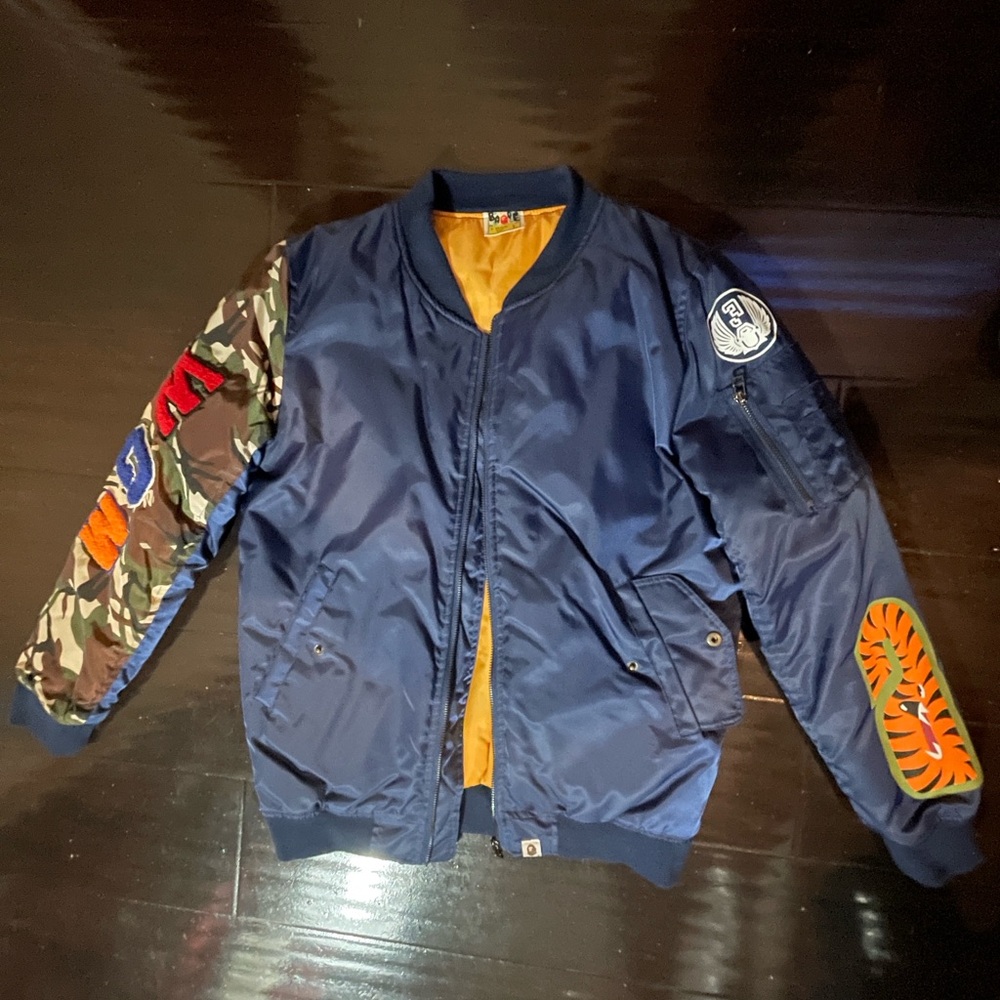 Bape Blue and Green Bomber Jacket with Vibrant Sleeve Patterns